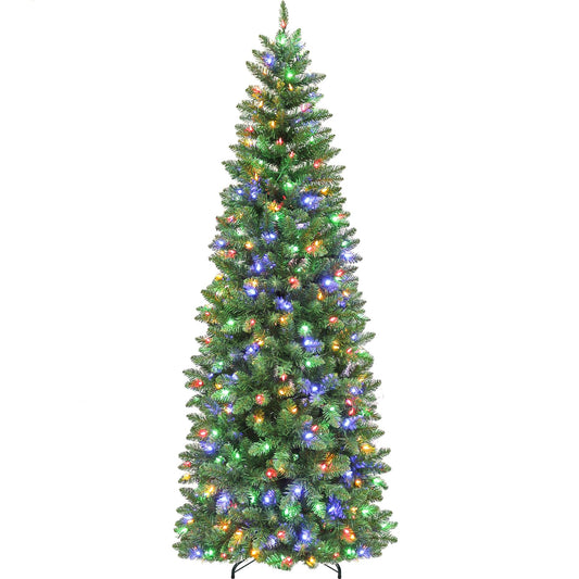 Hykolity 6ft Prelit Pencil Slim Christmas Tree with 200 Color Changing LED Lights, 544 Branch Tips, Metal Stand and Hinged Branches, 10 Color Modes