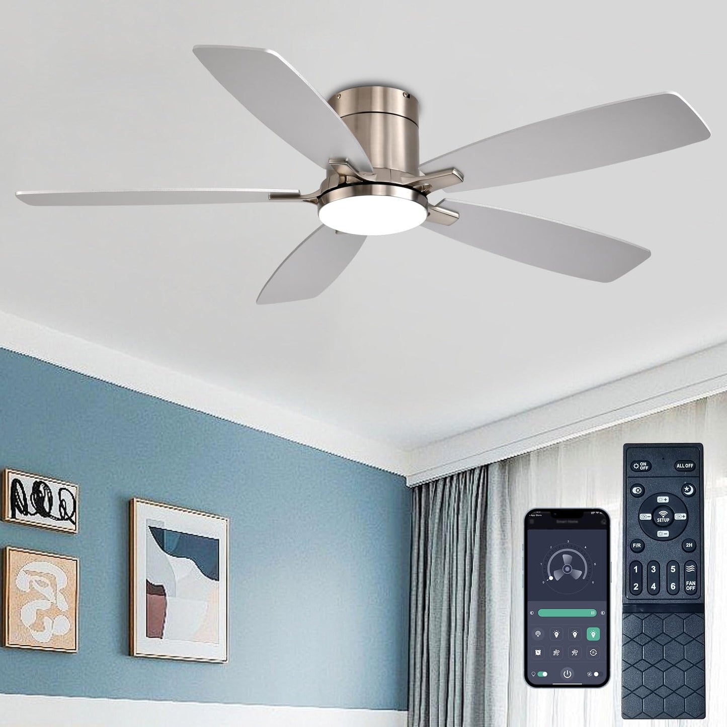 Ayaoty 52 Inch Low Profile Ceiling Fans with Lights and Remote, Flush Mount Modern Ceiling Fan, 3CCT Dimmable DC Ceiling Fan for Bedroom, Living Room, Brushed Nickel