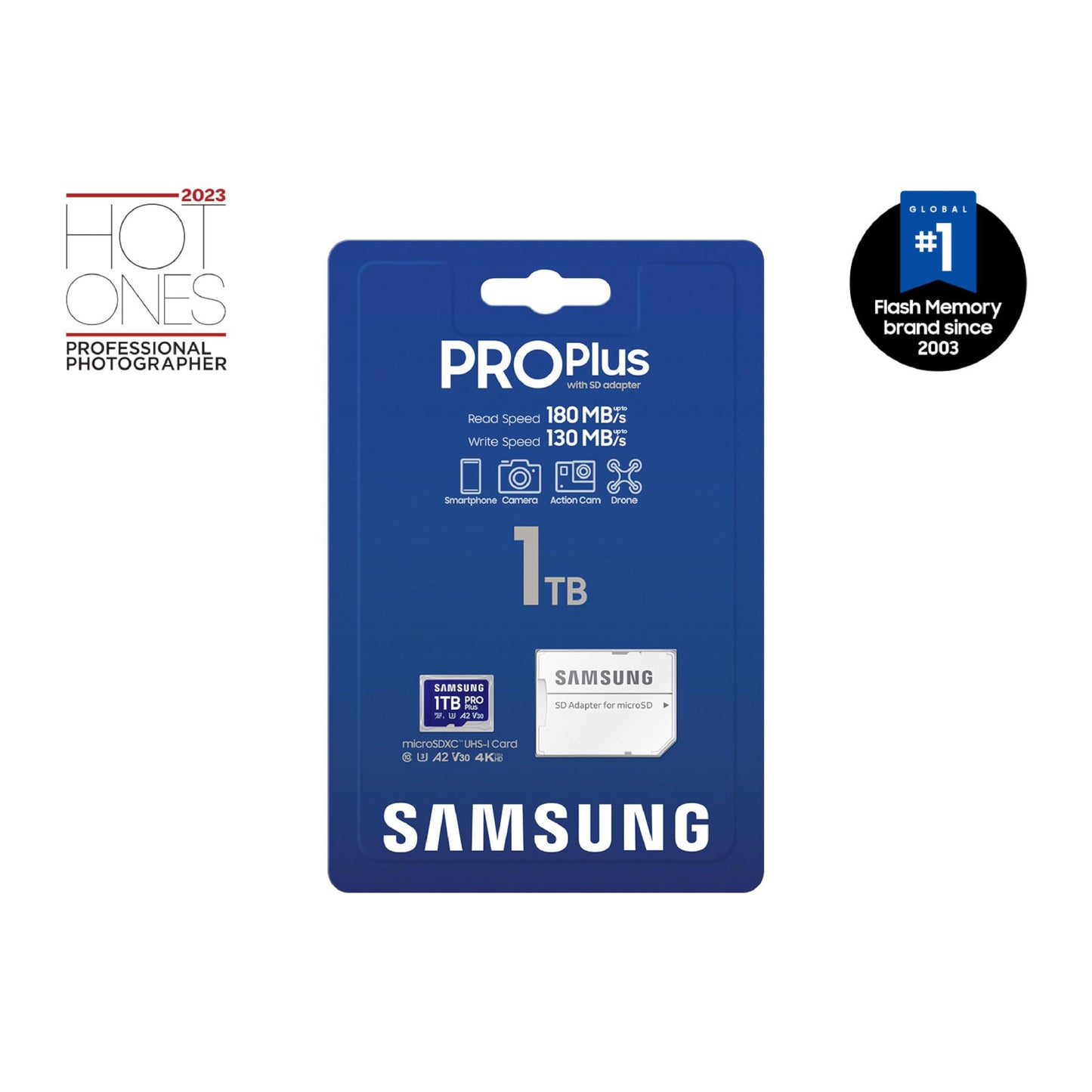 Samsung PRO Plus microSD Memory Card + Adapter, 1TB MicroSDXC, Up to 180 MB/s, Full HD & 4K UHD, UHS-I, C10, U3, V30, A2 for Android Phones, Tablets, GoPRO, DJI Drone, MB-MD1T0SA/AM, 2024