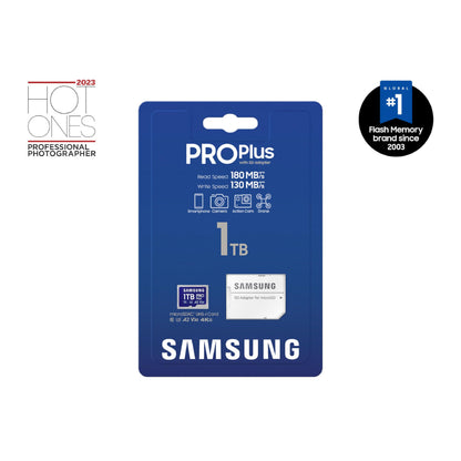Samsung PRO Plus microSD Memory Card + Adapter, 1TB MicroSDXC, Up to 180 MB/s, Full HD & 4K UHD, UHS-I, C10, U3, V30, A2 for Android Phones, Tablets, GoPRO, DJI Drone, MB-MD1T0SA/AM, 2024