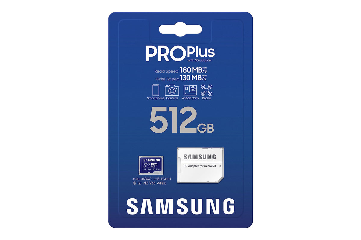 Samsung PRO Plus microSD Memory Card + Adapter, 512GB microSDXC, Up to 180 MB/s, Full HD & 4K UHD, UHS I, C10, U3, V30, A2, for Android Smartphones, Tablets, GoPRO, and DJI Drone (MB MD512SA/AM)