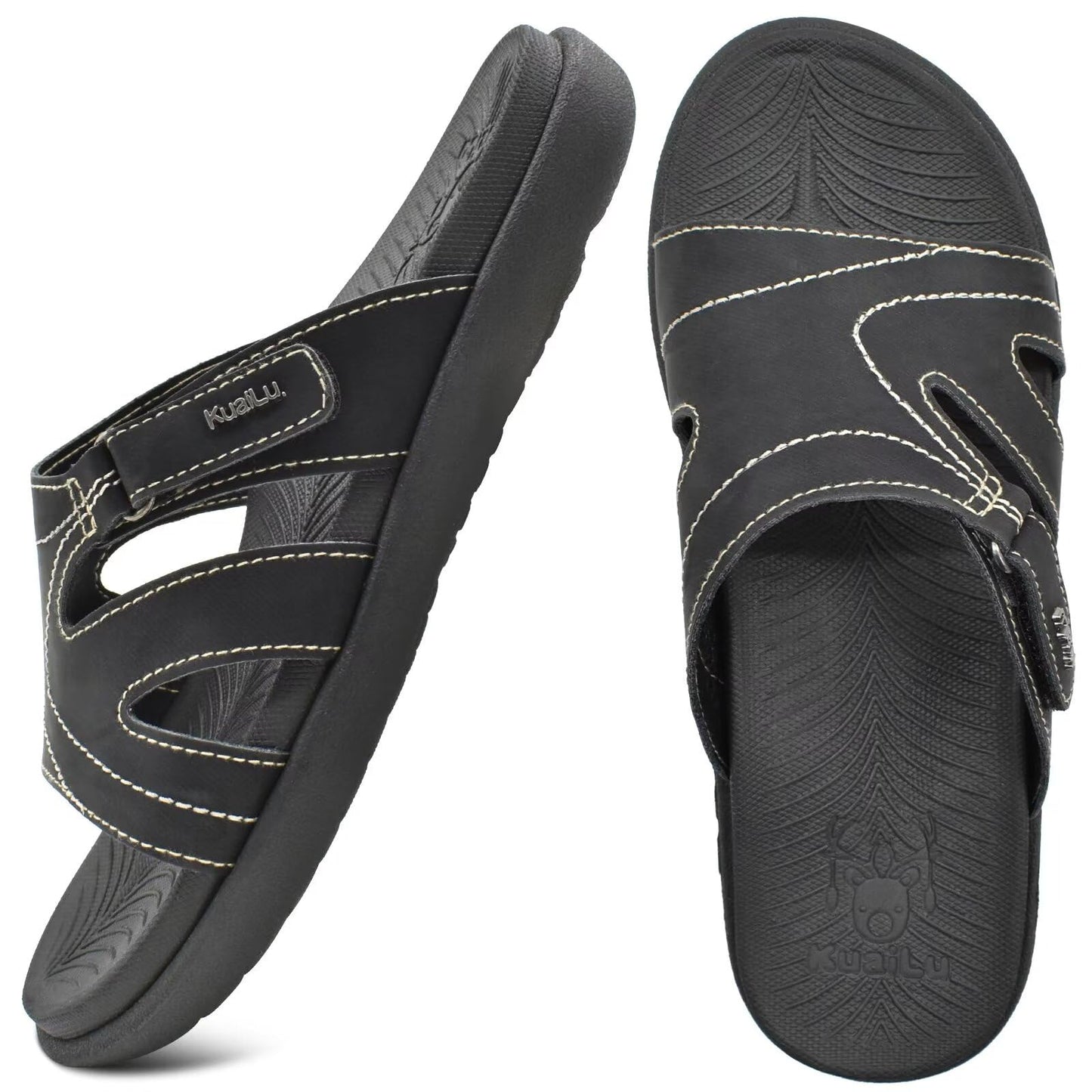 KuaiLu Womens Fashion Orthotic Slides Ladies Lightweight Athletic Yoga Mat Sandals Slip On Thick Cushion Slippers Sandals With Comfortable Plantar Fasciitis Arch Support, Black, 10.5