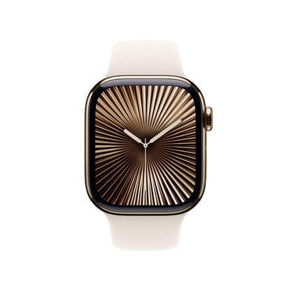 Apple Watch Series 10 [GPS + Cellular 42mm case] Smartwatch with Gold Titanium Case with Starlight Sport Band - S/M. Fitness Tracker, ECG App, Always-On Retina Display, Water Resistant