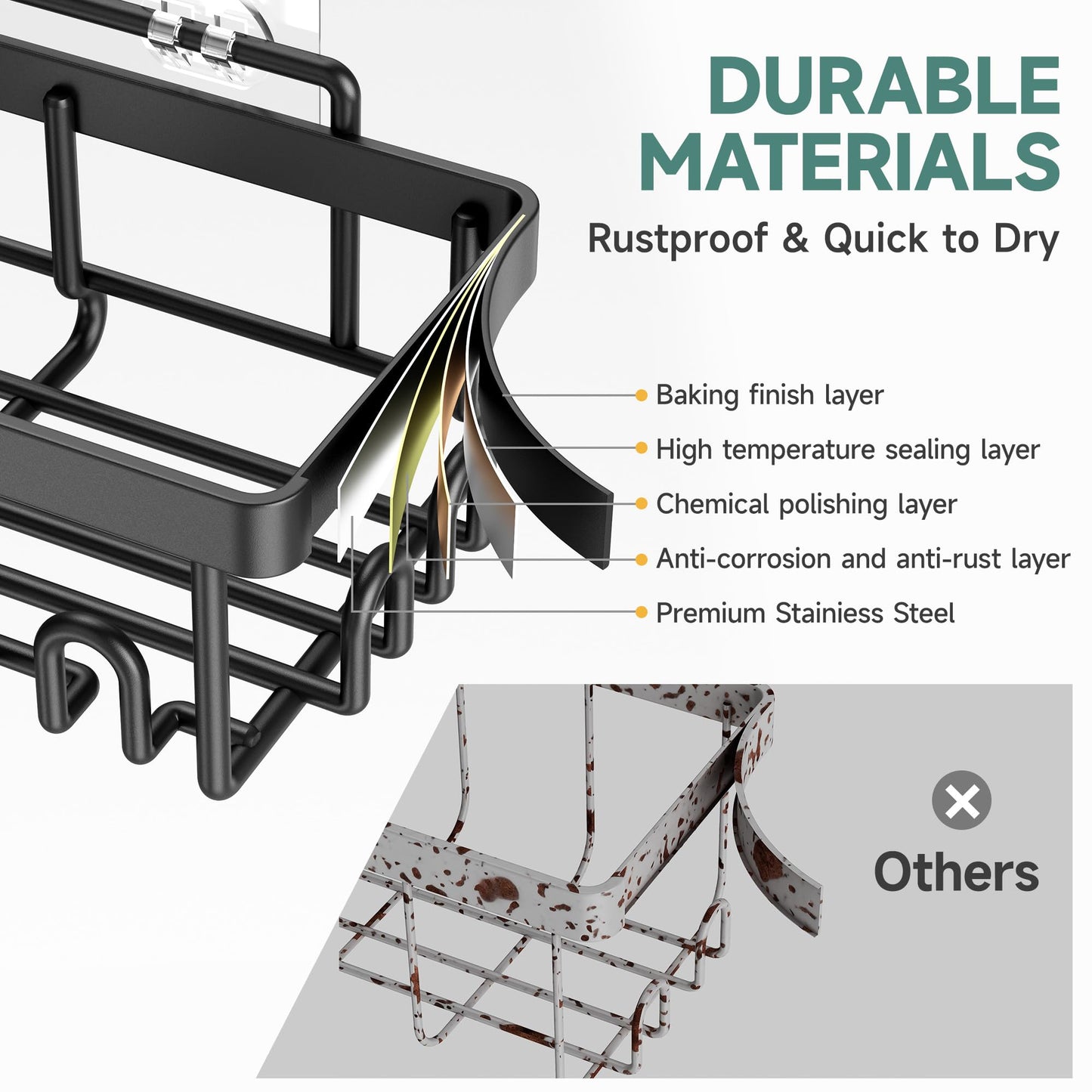Veken Stainless Steel Shower Caddy 6-Pack, No Drilling & Rustproof, Waterproof Adhesive Shelves Rack with Soap Holder, Large Capacity Bathroom Organizers and Storage, Wall-Mounted Kitchen & Home Decor