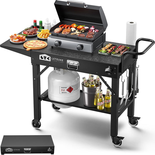 Leteuke Grill Cart for Blackstone Griddle, Portable Outdoor Grill Table, Foldable Cart Table with Wheels for Ninja Grill, Grill Cart Fit 17 Inch Or 22 Inch Griddle, BBQ Prep Table with Seasoning Tray