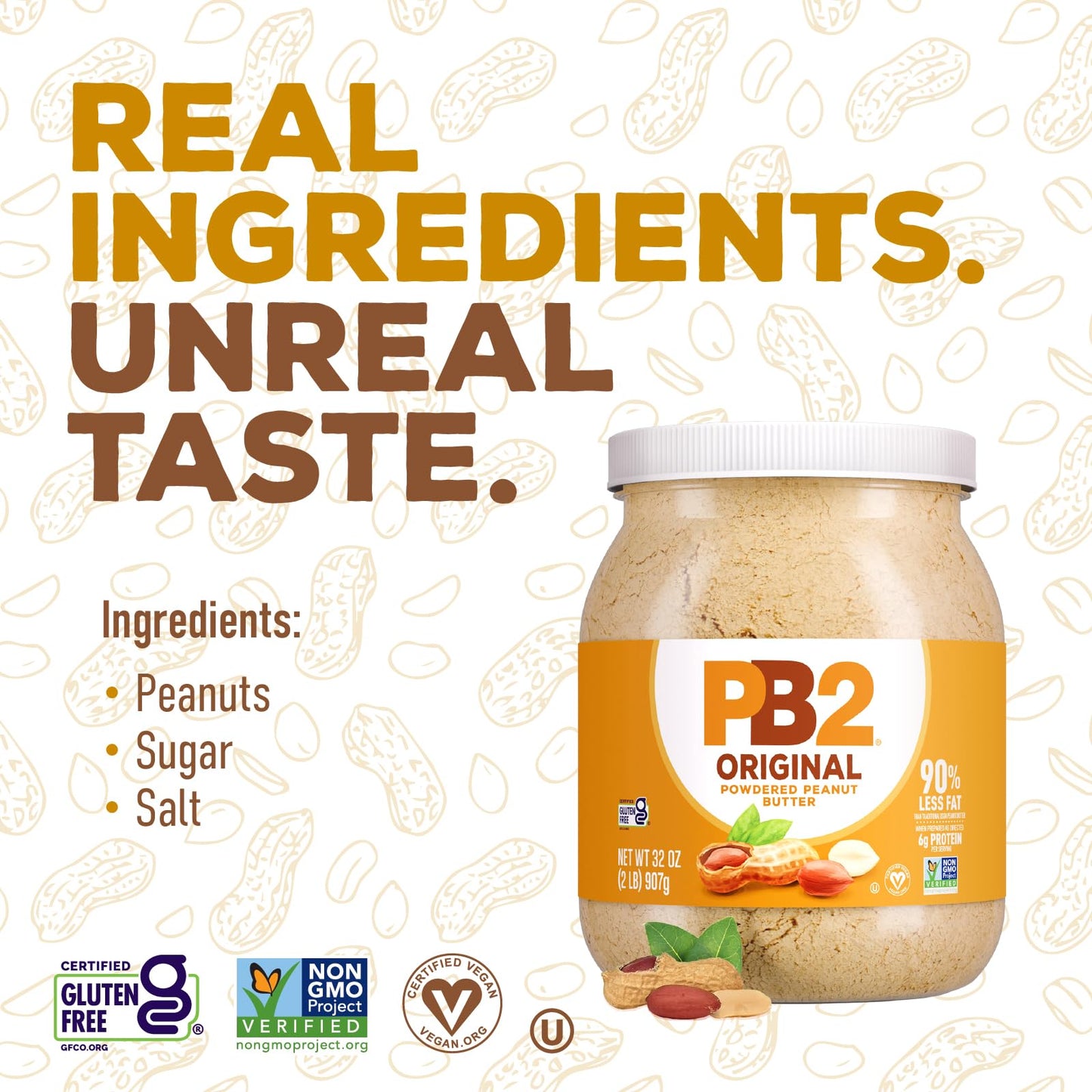 PB2 Powdered Peanut Butter Powder | 2LB Jar | Certified Gluten Free, Low-Carb, Keto Diet Friendly | Original Flavor with 6G of Protein, 90% Less Fat, 60 Calories Per Serving | Easy Mix for Healthy, Fit Diet