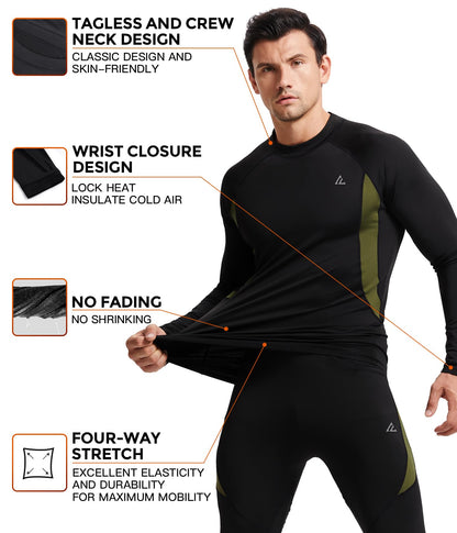 CL convallaria Thermal Underwear for Men, Long Johns Winter Hunting Gear Sport Base Layer Top and Bottom Set Midweight Black L