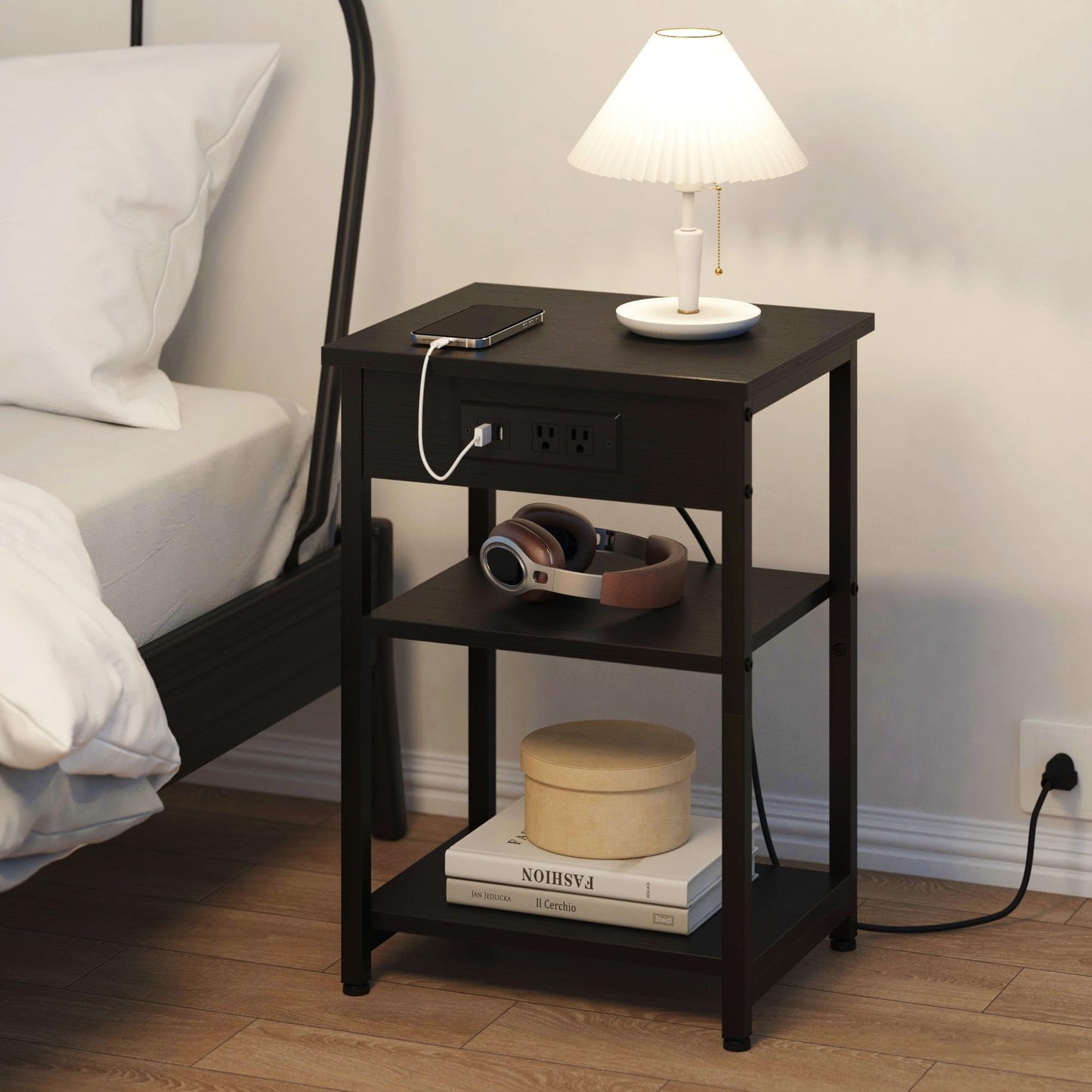 CALERTAIN End Tables with Charging Station USB Ports, 3 Tier Tall Night Stand with Storage Shelves,Narrow Side Table for Small Space Living Room Bedroom Office, Record Player Stand, Black