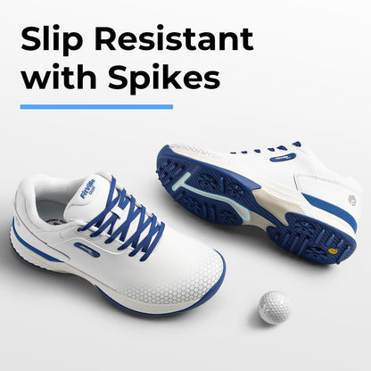 FitVille Wide Mens Golf Shoes Professional Outdoor Waterproof Spiked Golf Shoes for Men(White Blue, 10.5 Wide)