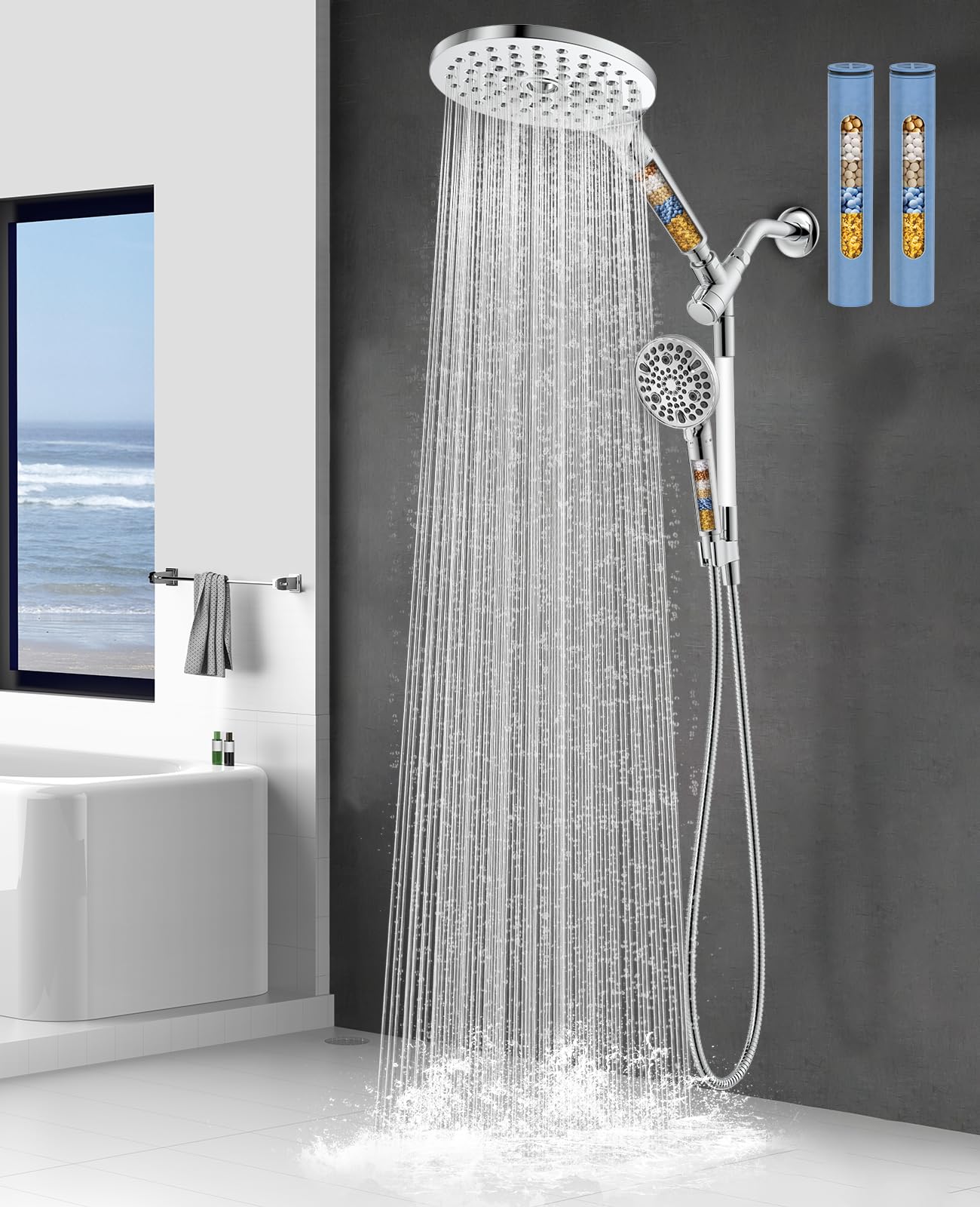 MakeFit Dual Filtered Rain Shower Head Combo, High Pressure Handheld Shower Head with Adjustable Bar - Rainfall Shower Head And Showerhead with Filter for Hard Water - Removes Chlorine