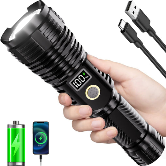 Flashlights High Lumens Rechargeable, 1000000LM LED Super Bright Flash Light, Zoomable Linternas with LCD Digital Display, 5 Mode, Waterproof, Powerful Tactical Flashlight for Emergencies Camping Gift