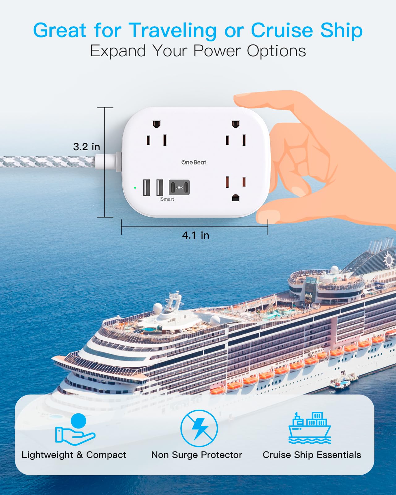 Cruise Essentials 2025,One Beat Travel Power Strip with USB C,Flat Plug Extension Cord with 3 Outlets 4 USB Ports(2 USB C),5 ft Desk Wall Outlet Extender,Non Surge Protector for Cruise,Dorm Room,ETL