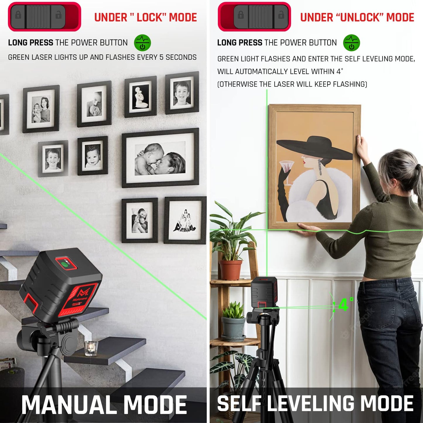 Motovera Laser Level, 100 feet Self Leveling Laser Level, Green Cross Line Rotary Lasers, 4 Brightness Adjustment, Manual Self leveling and Pulse Mode, IP54 Waterproof Battery Carrying Bag Included