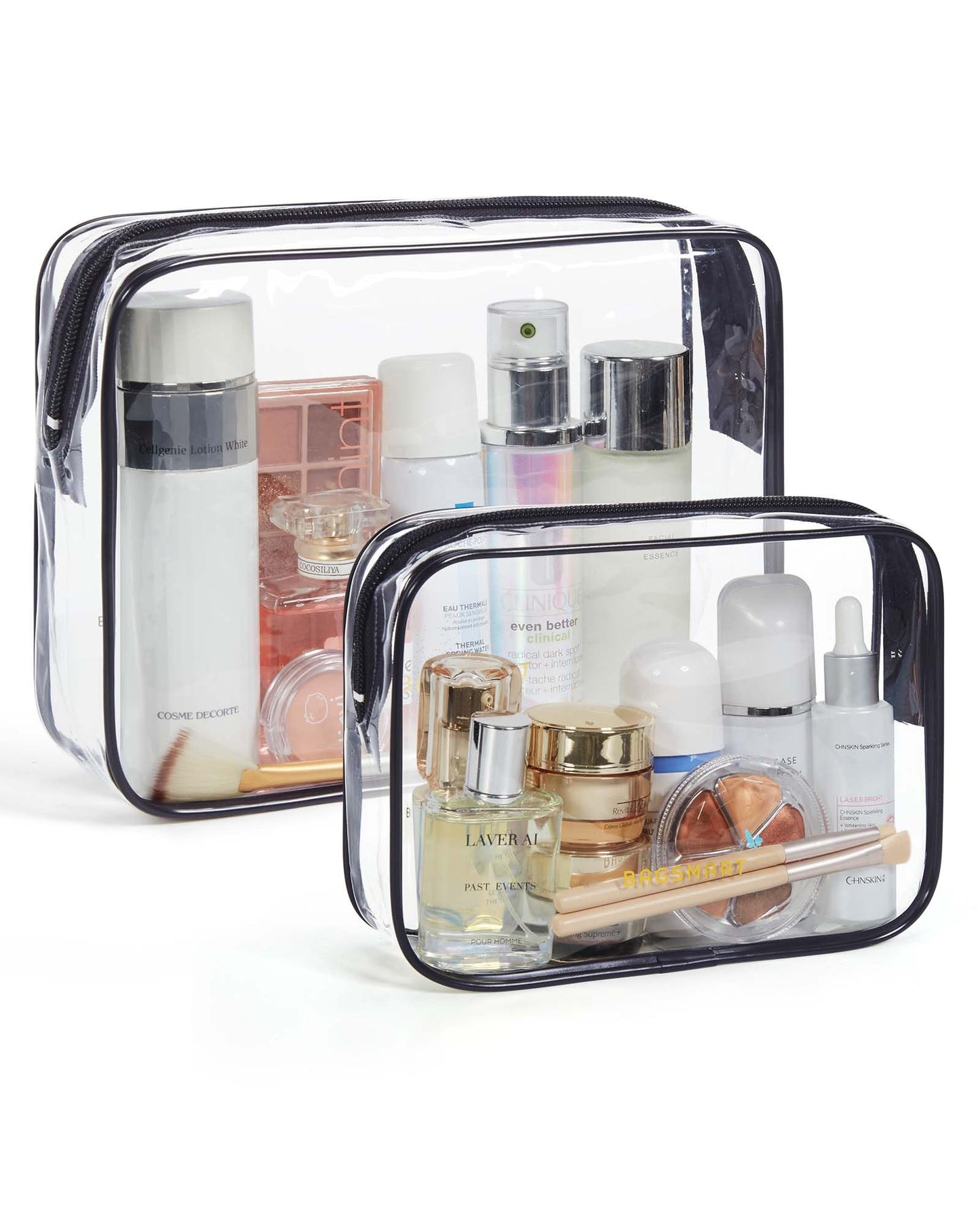 BAGSMART Clear Toiletry Bag, 2 Packs TSA Approved Water Resistant Quart Size Travel Organizer, 2 Sizes Airport Airline Travel Essential Carry On Makeup Cosmetic Bags for Women, Black