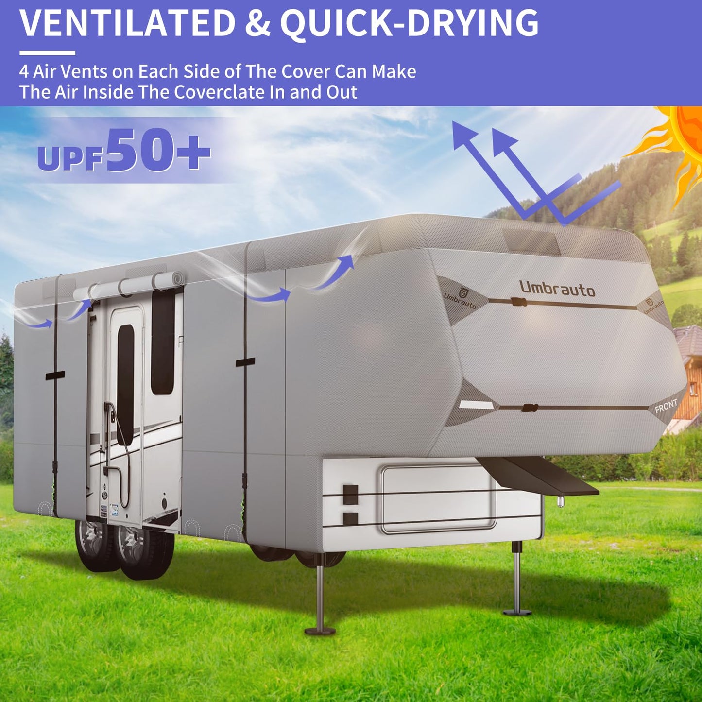 Umbrauto 5th Wheel RV Cover Upgraded 7 Layers Top Anti-UV Waterproof Breathable Camper Covers Fits 31' - 34' Travel Trailer Motorhome with 2Pcs Extra Straps & Gutter Covers