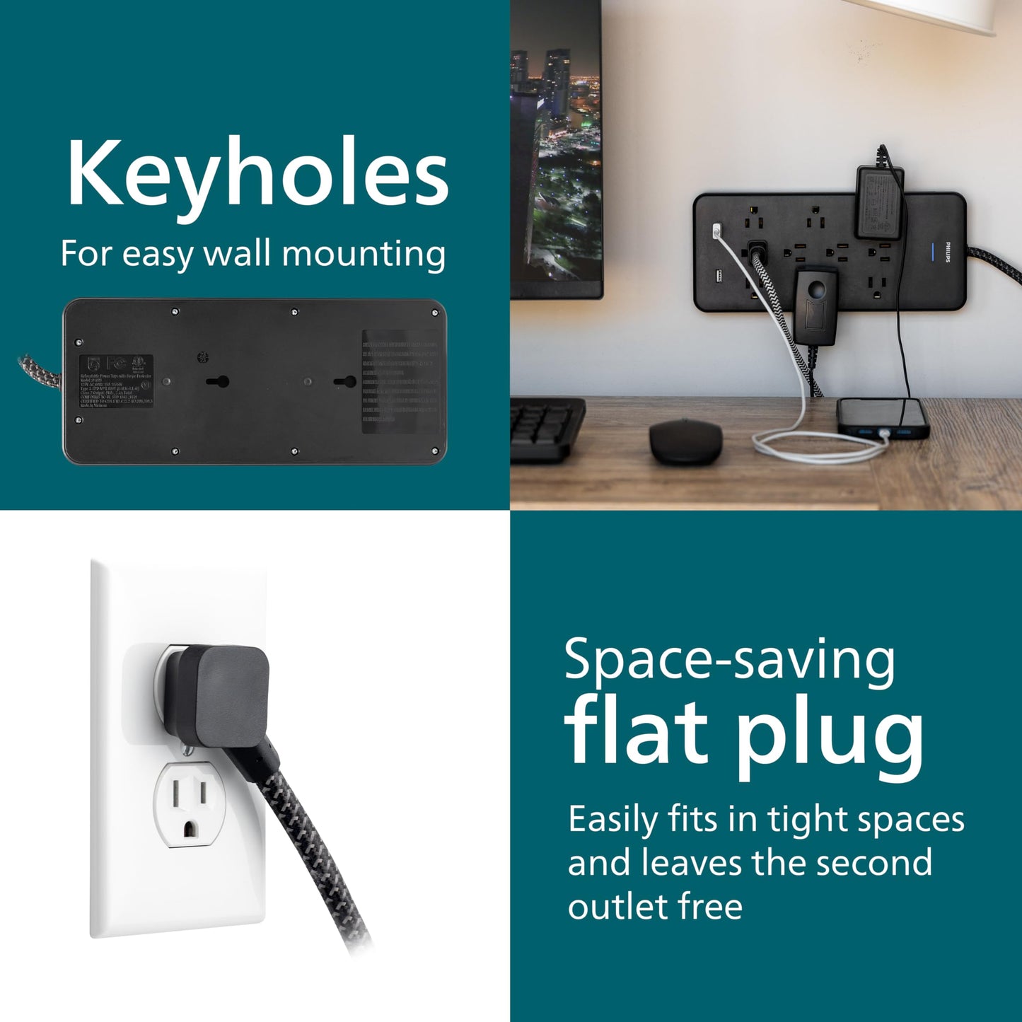 Philips EZFit 10-Outlet Surge Protector Power Strip, 6 Ft Braided Extension Cord, 2 USB Ports, Widely Spaced Outlets, Flat Plug, for Home Office Dorm Essentials, 2880 Joules, Black, SPP3403B/37