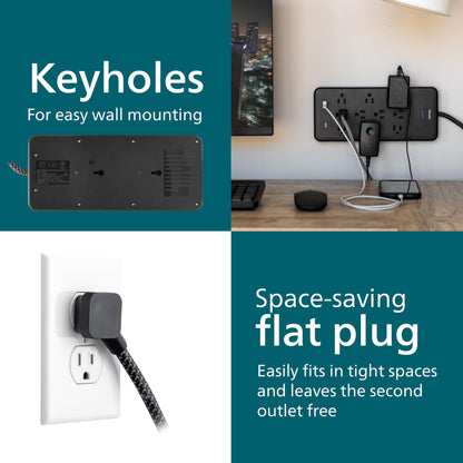 Philips EZFit 10-Outlet Surge Protector Power Strip, 6 Ft Braided Extension Cord, 2 USB Ports, Widely Spaced Outlets, Flat Plug, for Home Office Dorm Essentials, 2880 Joules, Black, SPP3403B/37