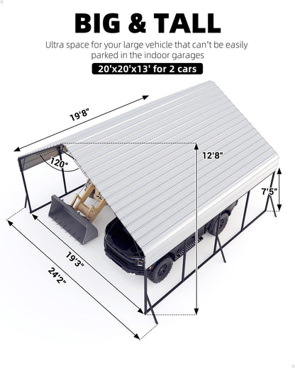 Garveelife 20'x20'x13' Metal Carport for 2 Cars, Heavy Duty Steel Frame for All Weather, Permanent Shelter for Boats, Full-Sized Pickup Trucks, and Tractors, N.W. 800 Lbs