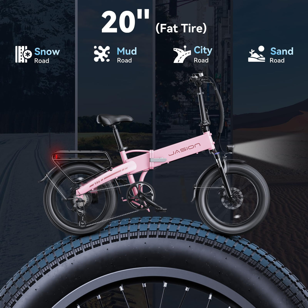 Jasion Electric Bike for Adults, 1000W Peak Motor up to 25MPH Top Speed Ebike, Aluminum 20'' Fat Tire Electric Bike Built-in 48V Removable Battery with 55 Max Miles, EBS Folding Ebikes for Adults