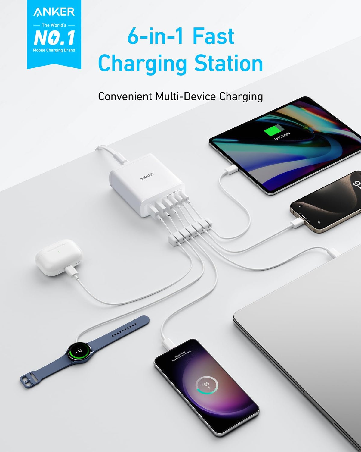 Anker Desktop Charger, Fast Charging USB C Charger, 112W Max 6-Port Charging Station, for iPhone17, iPad, MacBook, Samsung and More (Cable Not Included)