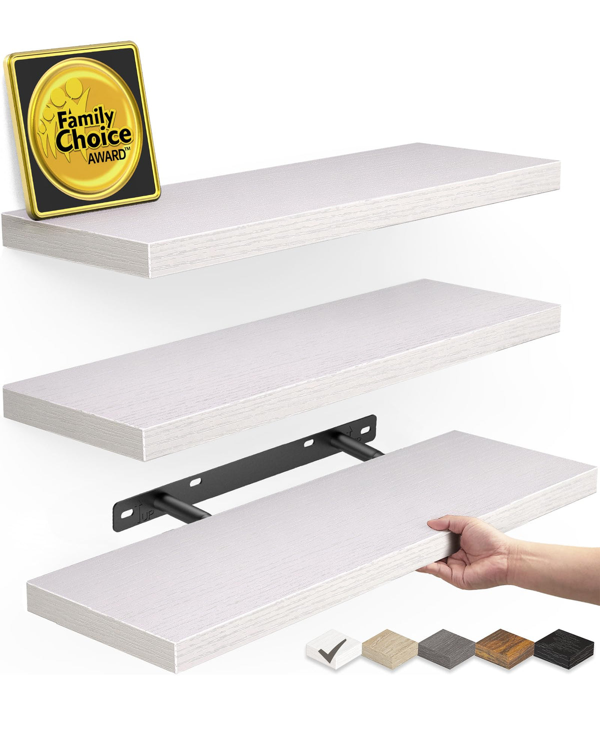 BAYKA Floating Shelves for Wall – Rustic Wood Wall Shelves with Metal Brackets for Bathroom, Bedroom, Kitchen, or Living Room Decor – White, Set of 3, Sturdy Storage with 22lb Capacity
