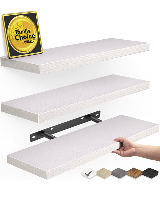 BAYKA Floating Shelves for Wall – Rustic Wood Wall Shelves with Metal Brackets for Bathroom, Bedroom, Kitchen, or Living Room Decor – White, Set of 3, Sturdy Storage with 22lb Capacity