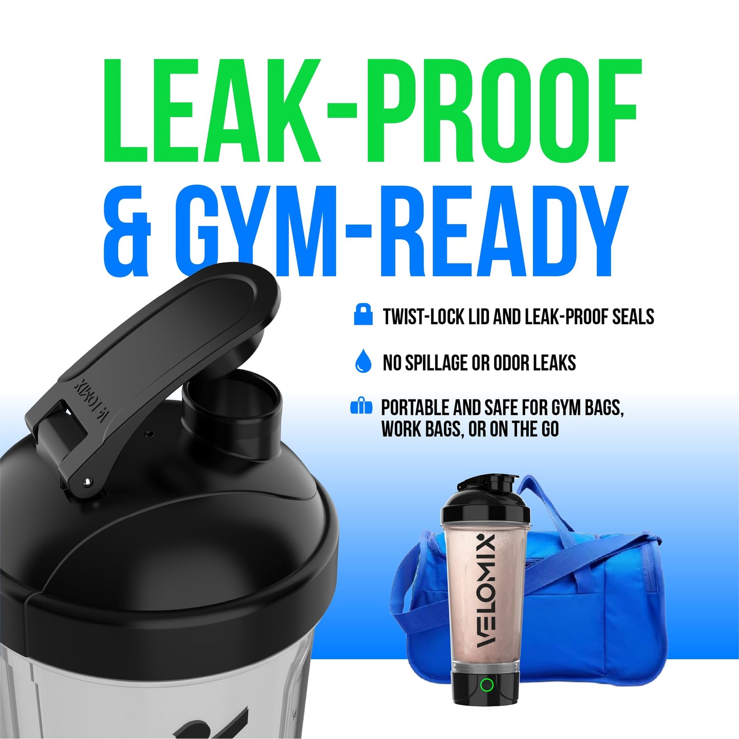 VELOMIX Electric Protein Shaker Bottle - 24 oz | USB-C Rechargeable | Leak Proof Shaker Cups for Protein Shakes | Portable Blender for Shakes and Smoothies (Electric-Transparent)