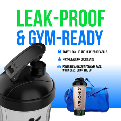 VELOMIX Electric Protein Shaker Bottle - 24 oz | USB-C Rechargeable | Leak Proof Shaker Cups for Protein Shakes | Portable Blender for Shakes and Smoothies (Electric-Transparent)