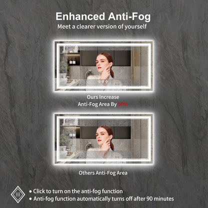 VanPokins Backlit Bathroom Mirror, 55x30 Inch Gradient Front and Backlit Mirror, 3 Colors Dimmable CRI>90 Double Lights, IP54 Enhanced Anti-Fog, Hanging Plates Wall Mount LED Bathroom Mirror