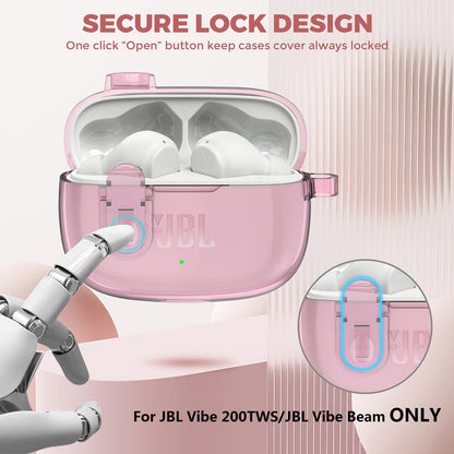 Compatible with JBL Vibe 200TWS/JBL Vibe Beam/Beam 2 Case Cover Clear Lock Clip with Cleaner Kit, Transparent TPU Protective Cover Men Women with Carabiner for JBL Vibe Beam 2 Charging Case - Pink