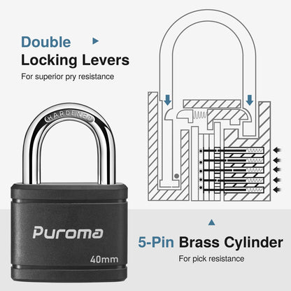 Puroma 4 Pack Keyed Padlock with 6 Keys Alike, 1.1 Inch Locker Lock 40mm Heavy-Duty Locks for Gate Fence Hasp Cabinet Toolbox School Gym Locker (Black)