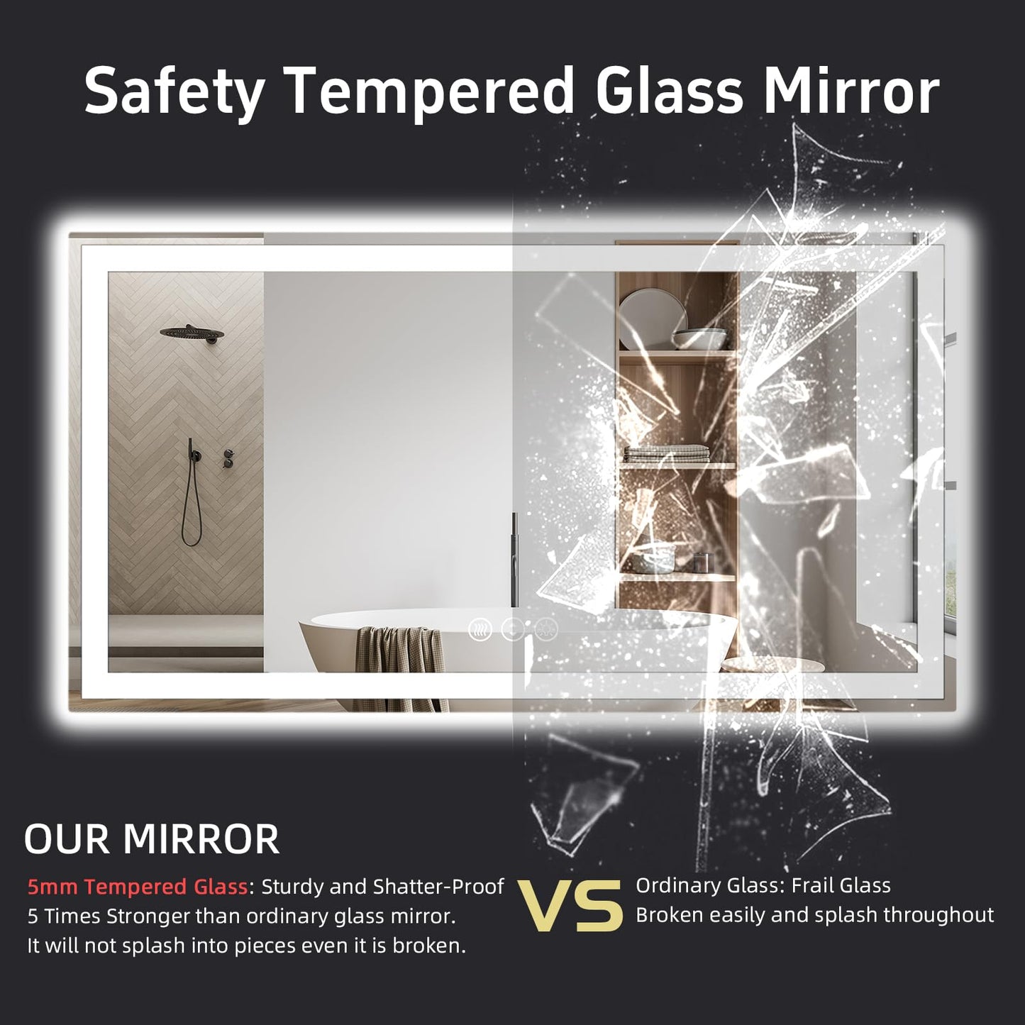 miskerm 55"x 30" LED Bathroom Mirror with Lights, Double Lighting Sources Dimmable, Anti-Fog Vanity Mirror with Lights, Lighted Bathroom Vanity Mirror for Wall Tempered Glass (Horizontal/Vertical)