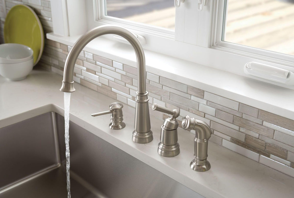Moen Edison Spot Resist Stainless One-Handle High Arc 4-hole Kitchen Faucet with Side Sprayer and Soap Dispenser, 87042SRS