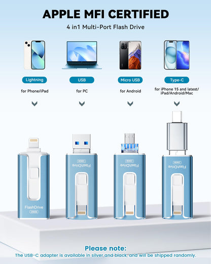 MFi Certified 256GB Flash Drive for iPhone iPad, Photo Stick for External Memory Storage, Easily Back Up and Save Photos Videos, USB Memory Stick Thumb Drive for iPhone/iPad/Android/PC (Blue, 256GB)
