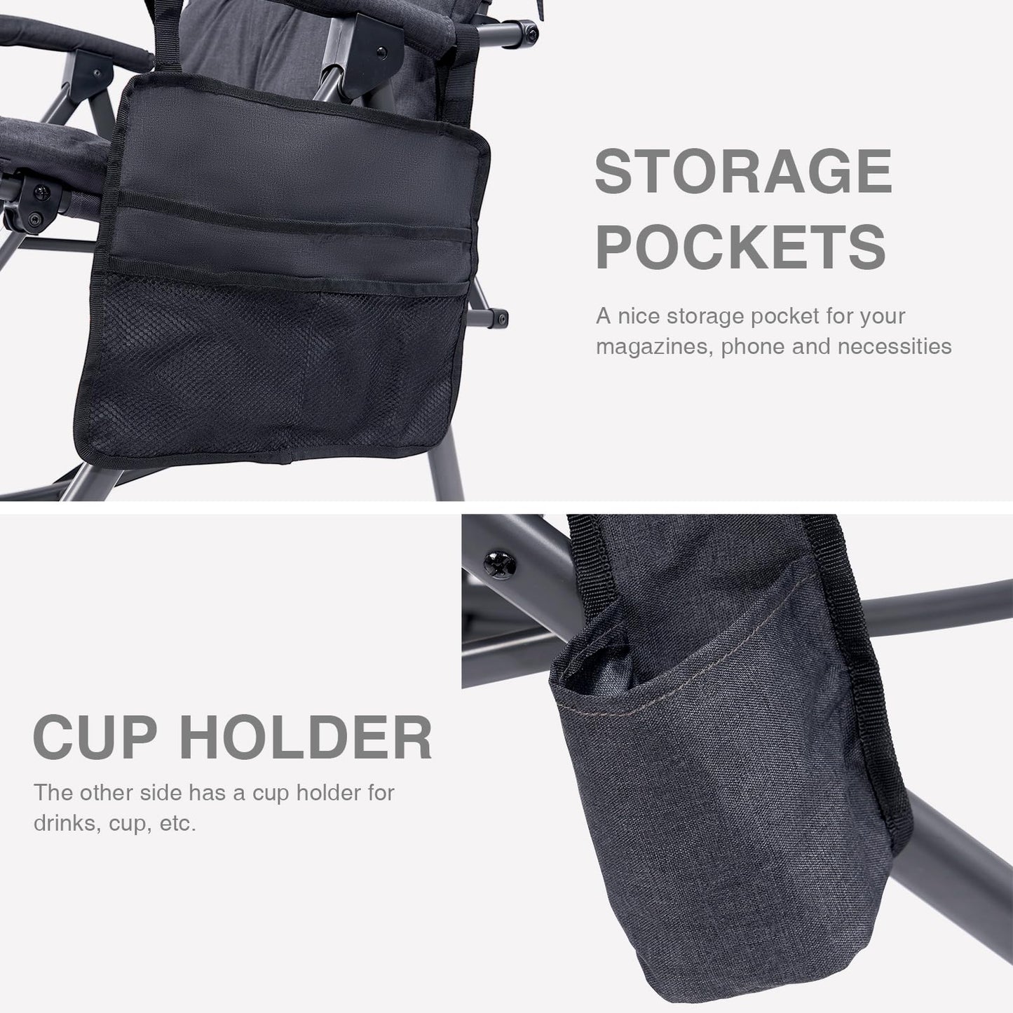 EVER ADVANCED Oversized Folding Rocking Camping Chair, Padded Portable Rocker Chairs for Patio, Lawn and Outdoors, Heavy Duty Hard Armchair for Adults Supports 400lbs, Black