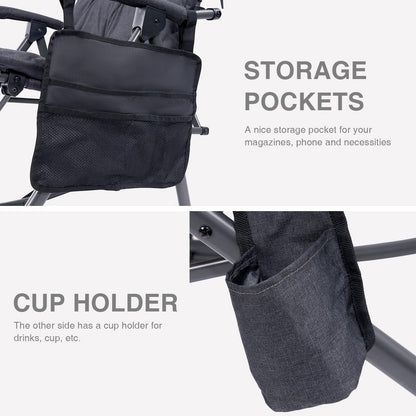 EVER ADVANCED Oversized Folding Rocking Camping Chair, Padded Portable Rocker Chairs for Patio, Lawn and Outdoors, Heavy Duty Hard Armchair for Adults Supports 400lbs, Black