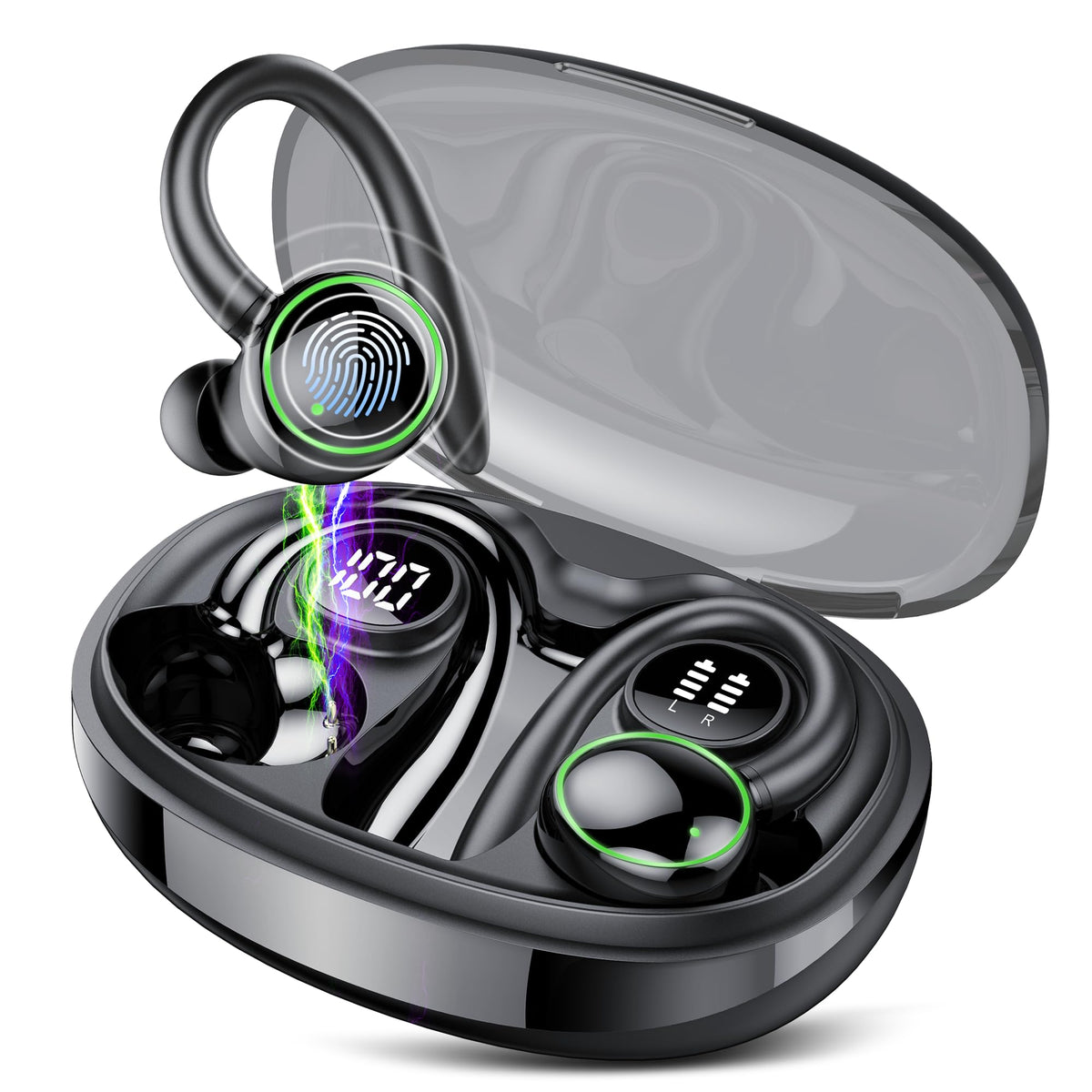 Wireless Earbuds, Bluetooth 5.3 Headphones Sport, Over Ear Buds With ENC Noise Cancelling Mic, 48H, Wireless Earphone With Earhooks, Stereo Deep Bass, IP7 Waterproof Headset for Workout Running, Black