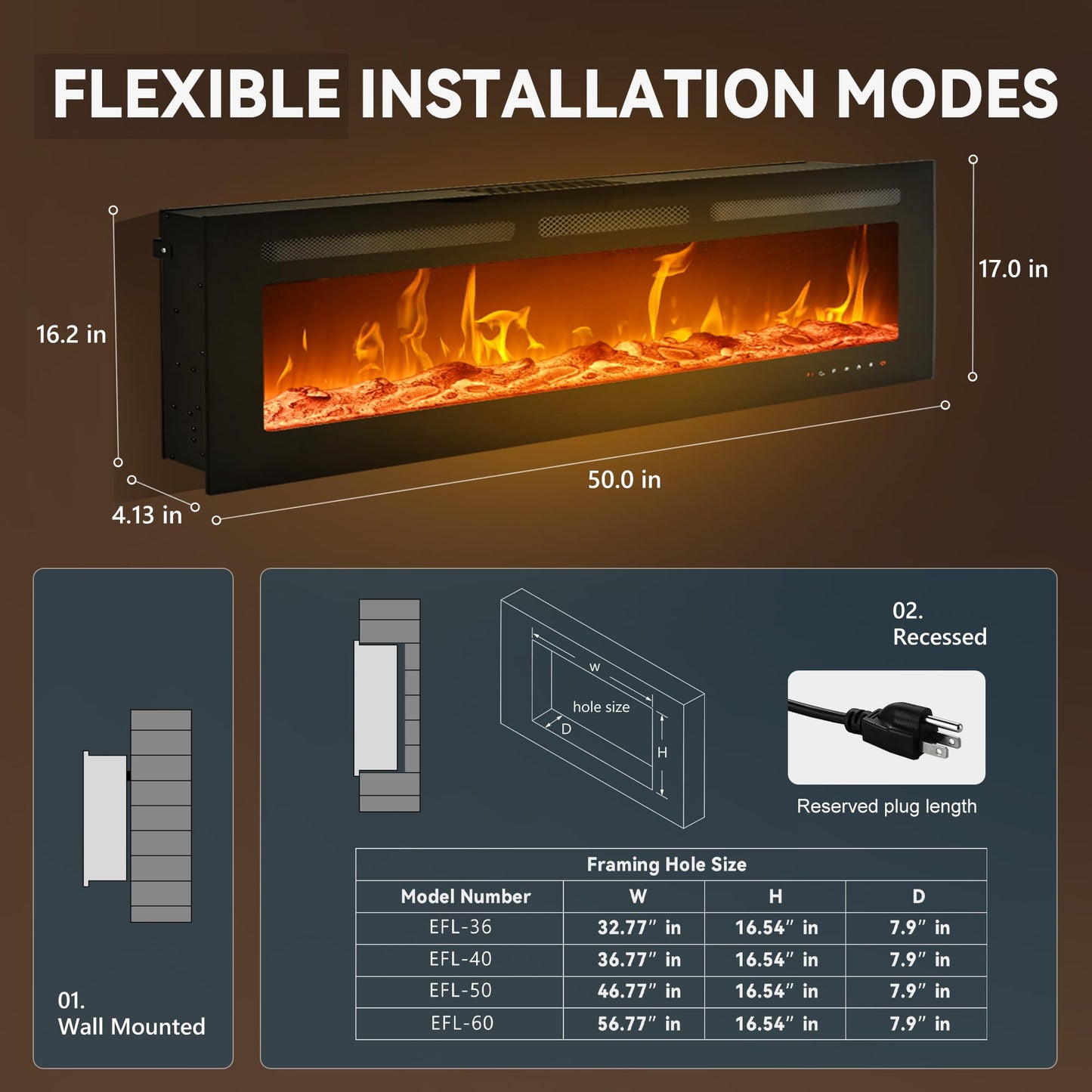 EUHOMY 50 Inch Electric Fireplace Wall Recessed and Wall Mounted with Adjustable Flame Color, Fireplace Heater with Remote Control, Linear Fireplace with Timer, Touch Screen, Log & Crystal, 750/1500W