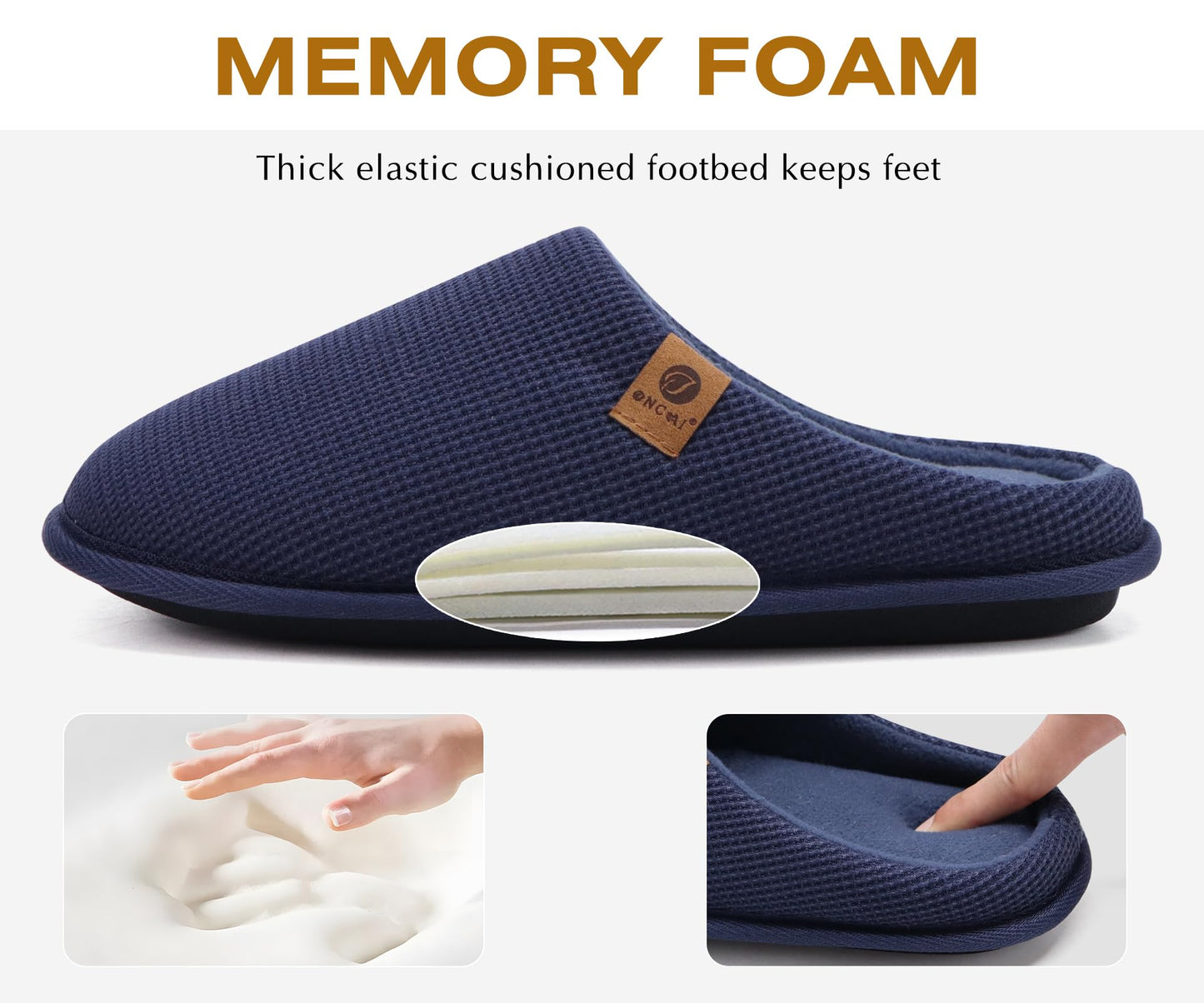 ONCAI Mens Slippers with Cushion Memory Foam Cotton-Blend High-Density Warm House Slippers for man 2026 Slip-on Indoor Outdoor Comfortable Best House Shoes Rubber Sole Blue Size 12 US