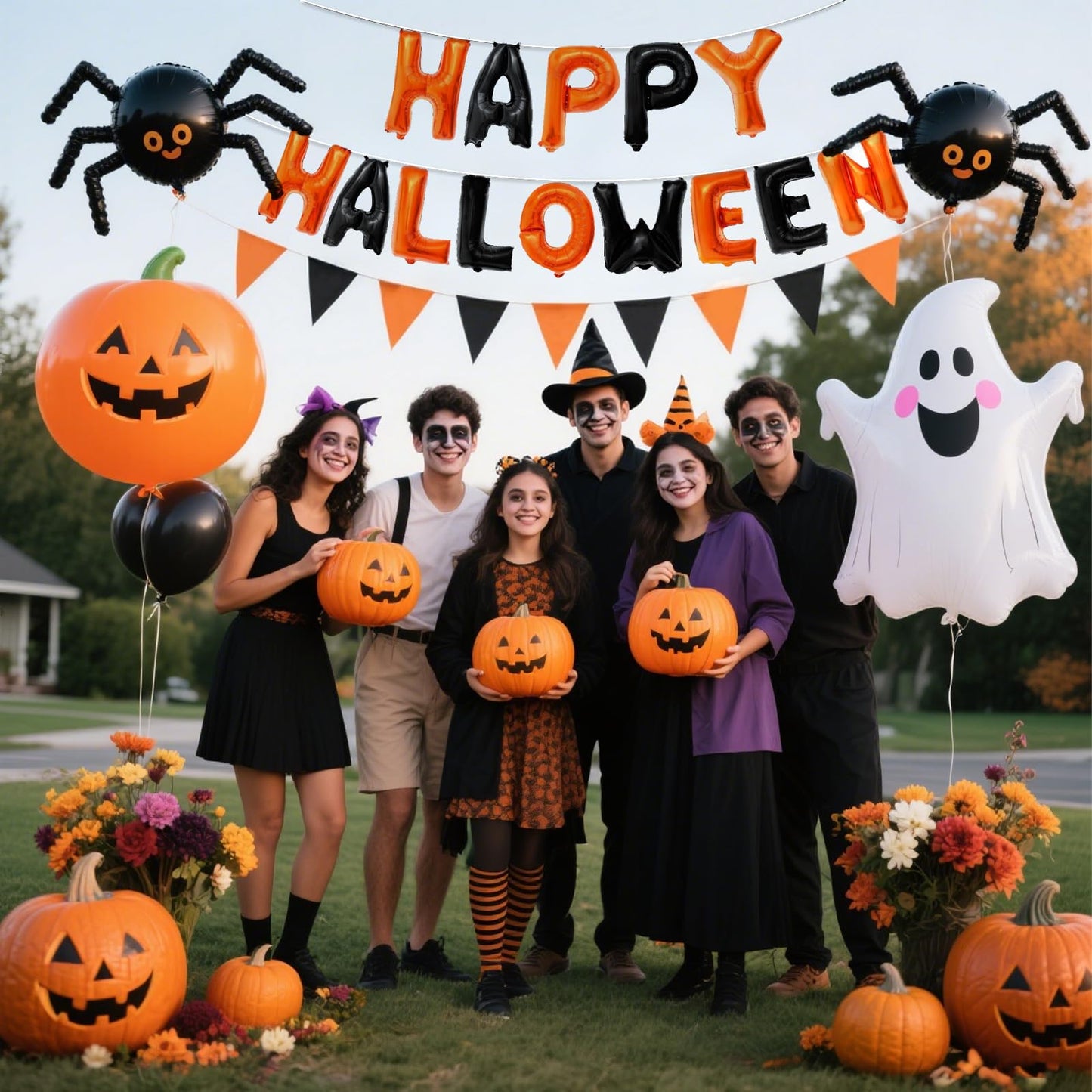 Happy Halloween Balloons Banner - Orange and Black Helloween Banner Backdrop Garland, 16 Inch Large Mylar Hanging Foil Balloon Banners With Straw Ribbon for Indoor Outdoor Halloween Party Decorations