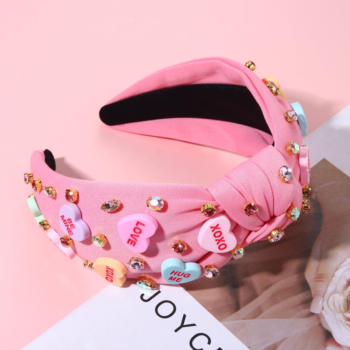 NVENF Valentine’s Day Headband for Women Love Heart Headband Jeweled Crystal Rhinestone Knotted Hairband Red Pink Wide Top Knot Hairband Valentine’s Day Hair Accessories Gifts (Letter 1 - Pink)