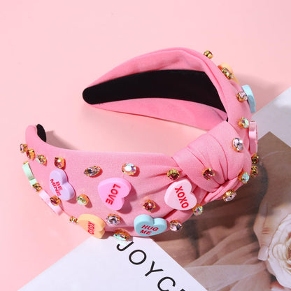 NVENF Valentine’s Day Headband for Women Love Heart Headband Jeweled Crystal Rhinestone Knotted Hairband Red Pink Wide Top Knot Hairband Valentine’s Day Hair Accessories Gifts (Letter 1 - Pink)