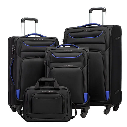Coolife Luggage 4 Piece Set Suitcase TSA Lock Spinner Softshell lightweight(black+blue)