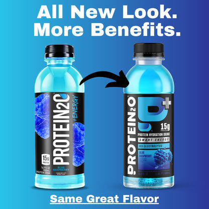 Protein2o 15g Whey Protein Isolate Hydration Drink Plus Energy & Focus, 350mg of Electrolytes, 125mg of Caffeine, Sugar Free, Blue Raspberry, 16.9 oz Bottle (Pack of 12)