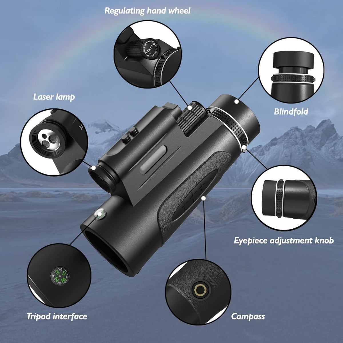 Monocular Telescope with Lights HD Monoculars 80x100 for Adults High Powered Monocular for Hunting with Smartphone Holder & Tripod, Handheld Telescope Suitable for Bird Watching Stargazing-Black