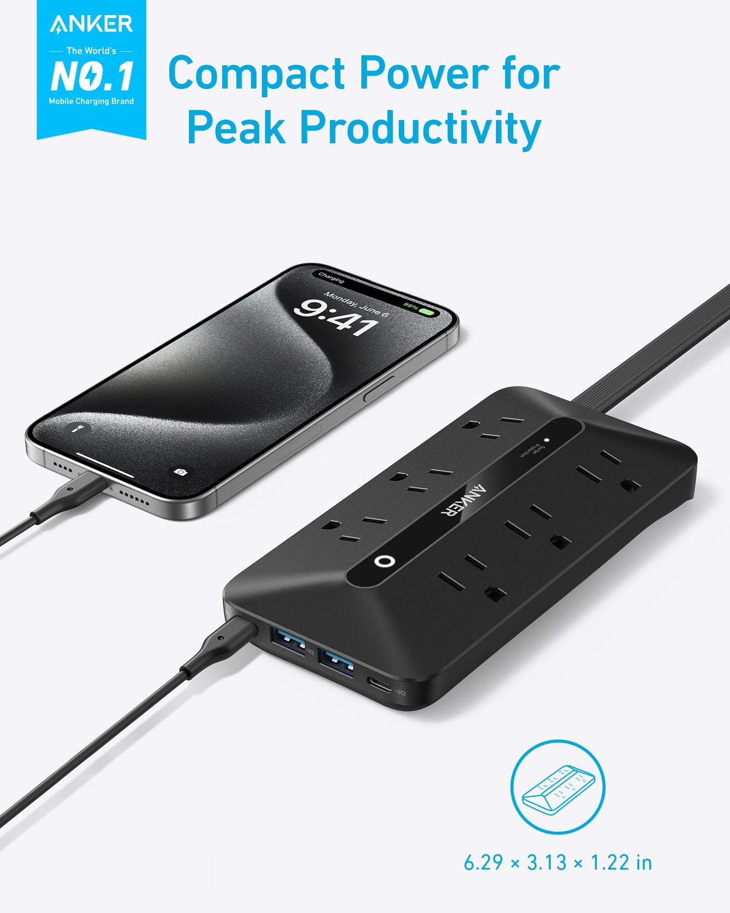 Anker Flat Plug Power Strip 300J with USB Ports, 10-in-1 Ultra Thin Power Strip with 6 AC, 2 USB-A and 2 USB-C Ports,10feet Extension Cord, Desk Charging Station,Home Office College Dorm (Black, 10FT)