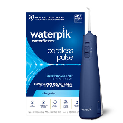 Waterpik Cordless Pulse Rechargeable Portable Water Flosser for Teeth, Gums, Braces Care and Travel with 2 Flossing Tips, Waterproof, ADA Accepted, WF-20 Blue, Packaging May Vary