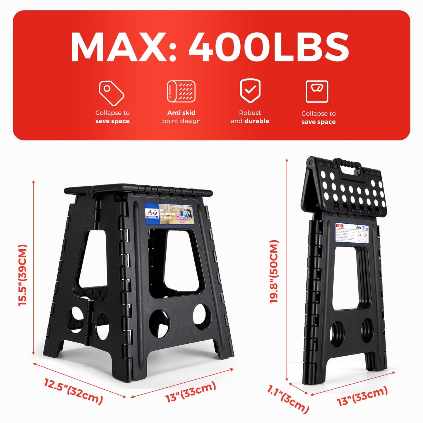 ACKO Folding Step Stool Foldable 16 Inch Stool 400 lbs Capacity,Plastic Stools for Adults and Kids,Collapsible Stool for Kitchen, Stepping Stool with Handle,Black,1 PC