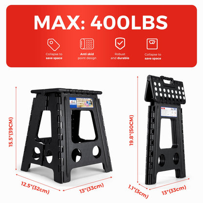 ACKO Folding Step Stool Foldable 16 Inch Stool 400 lbs Capacity,Plastic Stools for Adults and Kids,Collapsible Stool for Kitchen, Stepping Stool with Handle,Black,1 PC