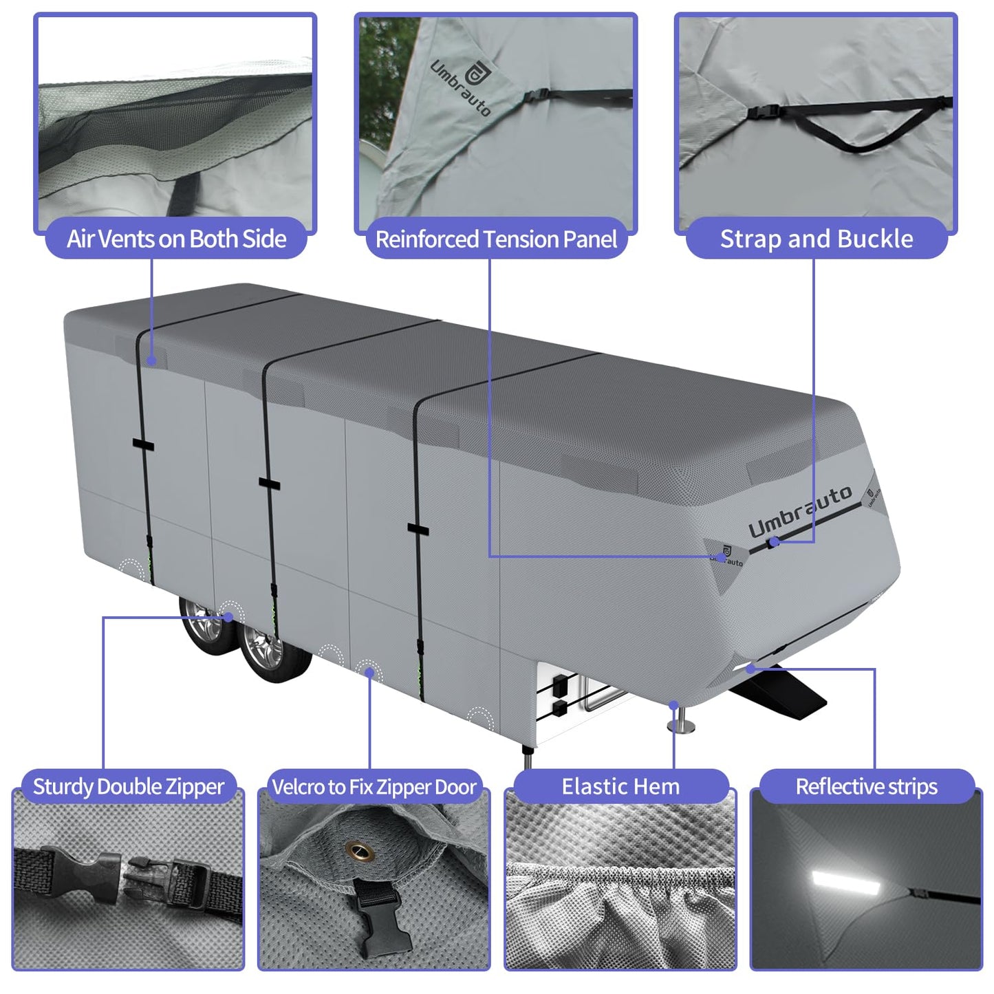 Umbrauto 5th Wheel RV Cover Upgraded 7 Layers Top Anti-UV Waterproof Breathable Camper Covers Fits 31' - 34' Travel Trailer Motorhome with 2Pcs Extra Straps & Gutter Covers
